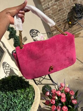 Hot Pink Suede Shoulder Bag with Gold Chain Strap